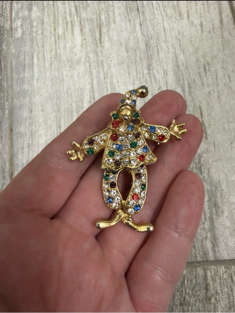 Gold-Tone Multicolor Rhinestone Clown Pin Brooch